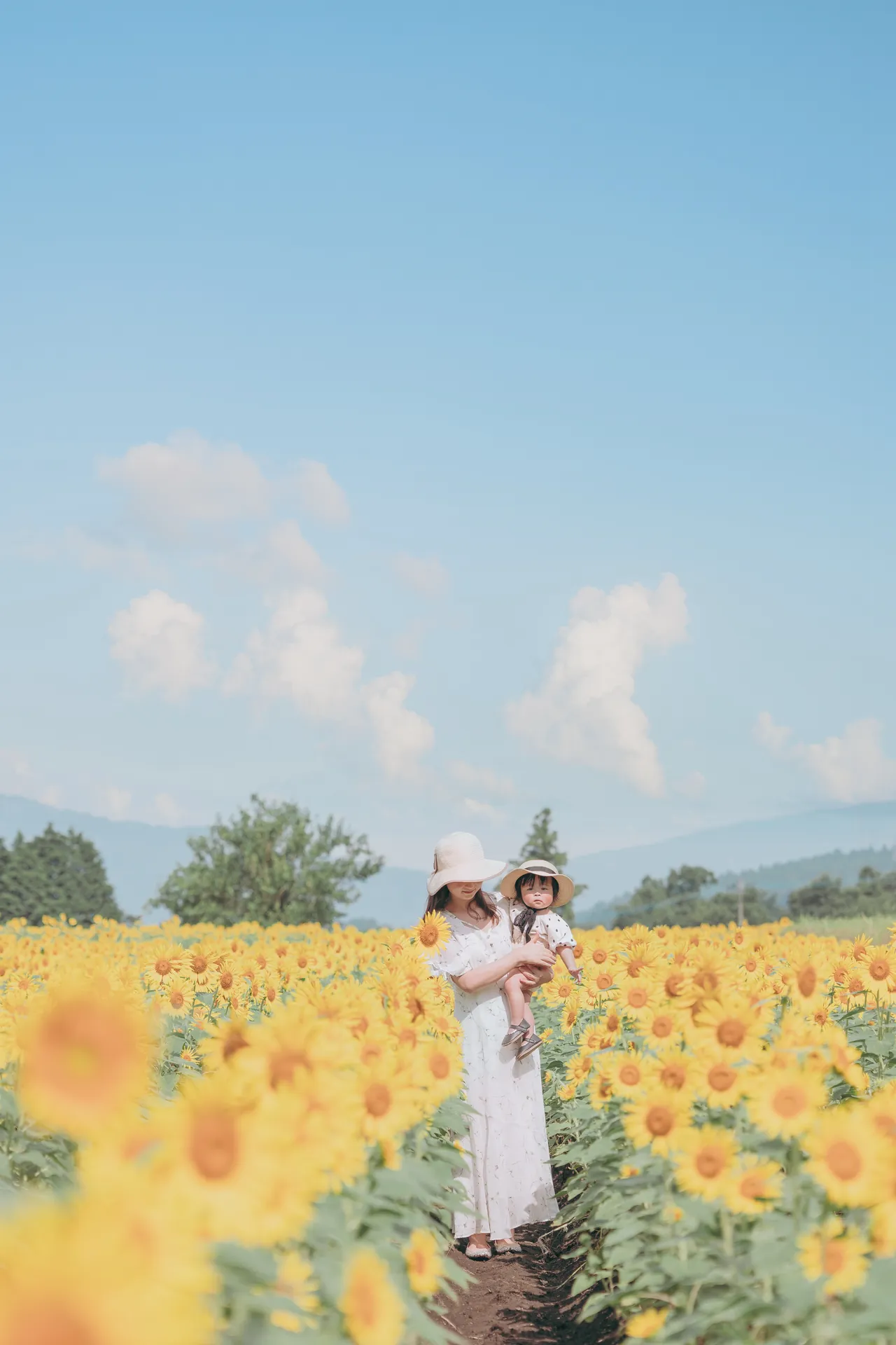 ひまわり畑で、母親が子どもを抱いている写真